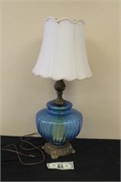 Vintage Blue Glass Table Lamp With Ornate Base