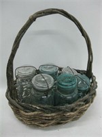6 Vintage Canning Jars W/ Bail Lids In Basket