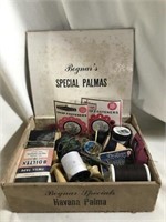 Bognars cigar box with miscellaneous sewing stuff