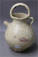 EARLY REDWARE POT WITH SPOUT AND HANDLE 6X10