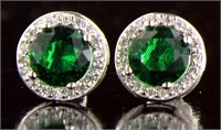Round Emerald & White Topaz Halo Earrings
