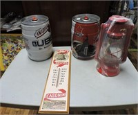 Thermometer, Lantern & Beer Kegs