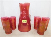 Red Etched Glass Pitcher & 6 Glasses