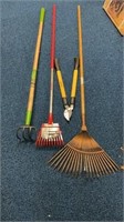 Yard tool lot. For time cultivator, garden rake,