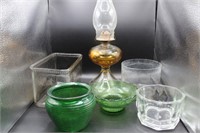Vintage Oil Lamp, Green Glass and Others