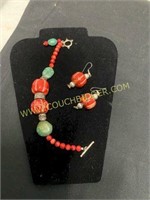 Turquoise and Coral bracelet and earrings