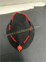 Onyx and coral necklace with drop