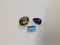 3 Large Gemstones; emerald cut blue topaz, tear dr