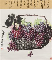 Chinese Watercolor Grapes Scroll Signed