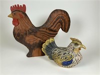 Carved wood folk art style hen & rooster