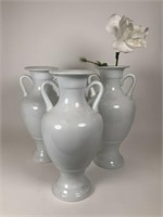 3 white ceramic urn vases