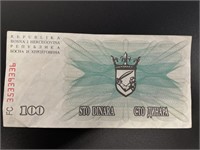 Bosnia-Herzegovina One-Hundred Dinara Bank Note