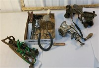 Box - roller and ice skates, Griswold grinder,