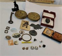 Box - brass rosettes, Uncle Sam pin, jewelry, etc