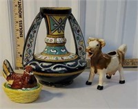 Pottery vase, chicken on a nest, and cow creamer