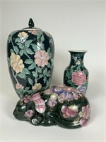 Cat, vase & lidded jar