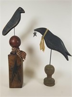 2 wooden folk art crows