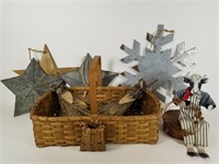 Splint oak basket, cow, stars & decor