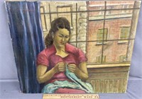 Signed Woman Knitting Portrait Oil Painting