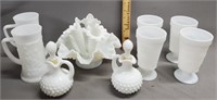 Milk Glass Epergne, Drinking Glasses, Cruets