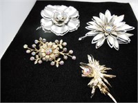 VINTAGE (4) FLORAL AND AB RHINESTONE BROOCHES