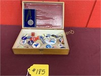 WOODEN DOVETAIL BOX OF POLITICAL PINS