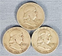 3 Franklin Half Dollars 1958,54 & 52