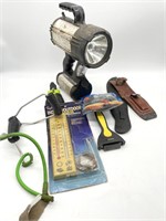 Thermometer, Ice Cleats, Flashlight, Knife