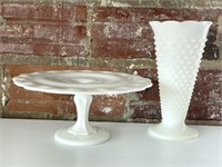 Milk Glass Cake Plate 11” x 4.5” and Hobnail Vase