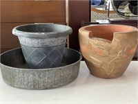Metal Pan, Pottery Pot, and Plastic Pot