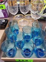 MISC. BLUE GLASSES- WINE GOBLETS- CHAMPAGNE