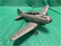 VINTAGE GREY TIN MILITARY TOY AIRPLANE MADE IN USA