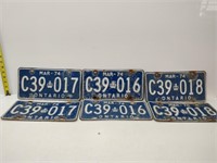 3 sets of 1974 Ontario license plate pairs