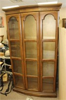 Pretty Pecan Display Cabinet With Glass Shelves