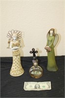 Pair of Angel Figurines & Cross Top Perfume Bottle