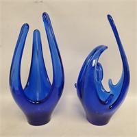 (2) MCM Cobalt Blue Beautiful Sculpture Set