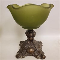 Vtg Green Satin Glass Pedestal Bowl Brass Base