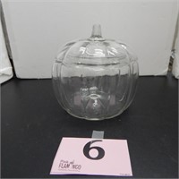 GLASS PUMPKIN JAR WITH LID 8 IN
