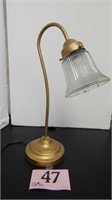 BRASS BASE DESK LAMP WITH GLASS SHADE 17 IN