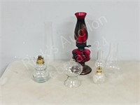 3 oil lamps & 3 mis-matched chimneys