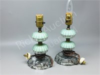2- vintage green glass table lamps