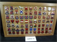 Seventy seven vintage military pins mounted on cor