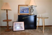 2 Pictures; bookcase & 2 small tables plus