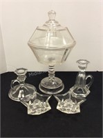 Panel Glass Pedestal Dish & Candle Holders