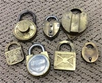 7 Vintage Padlocks, One with Key