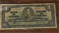 1937 BANK OF CANADA $1.00 NOTE D/N9543130