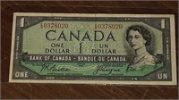 1954 CANADIAN $1.00 DOLLAR NOTE E/N0378020