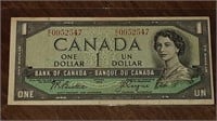 1954 CANADIAN $1.00 DOLLAR NOTE E/L0952547