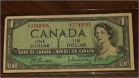 1954 CANADIAN $1.00 DOLLAR NOTE A/F3702095