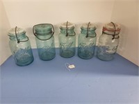 4 BLUE BALL JARS & 1 ATLAS JAR W/ LIDS